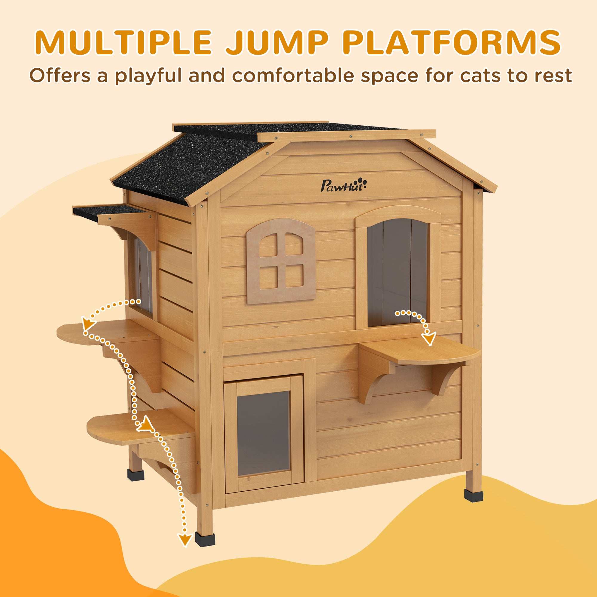 2-Story Wooden Outdoor Cat House - Feral Shelter with Escape Door