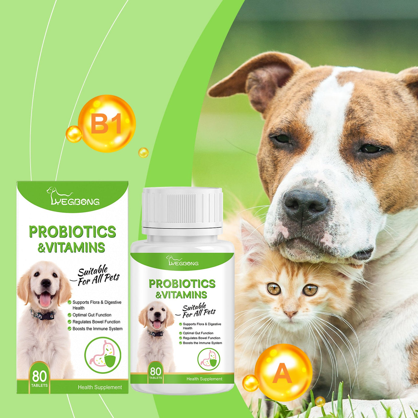 Pet Probiotic Vitamin Tablets 80 Count - Gut Health Dogs and Cats