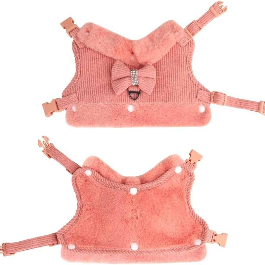 Warm Fur Collar Soft Padded Small Girl Pet Harness and Leash Set with Bow Tie