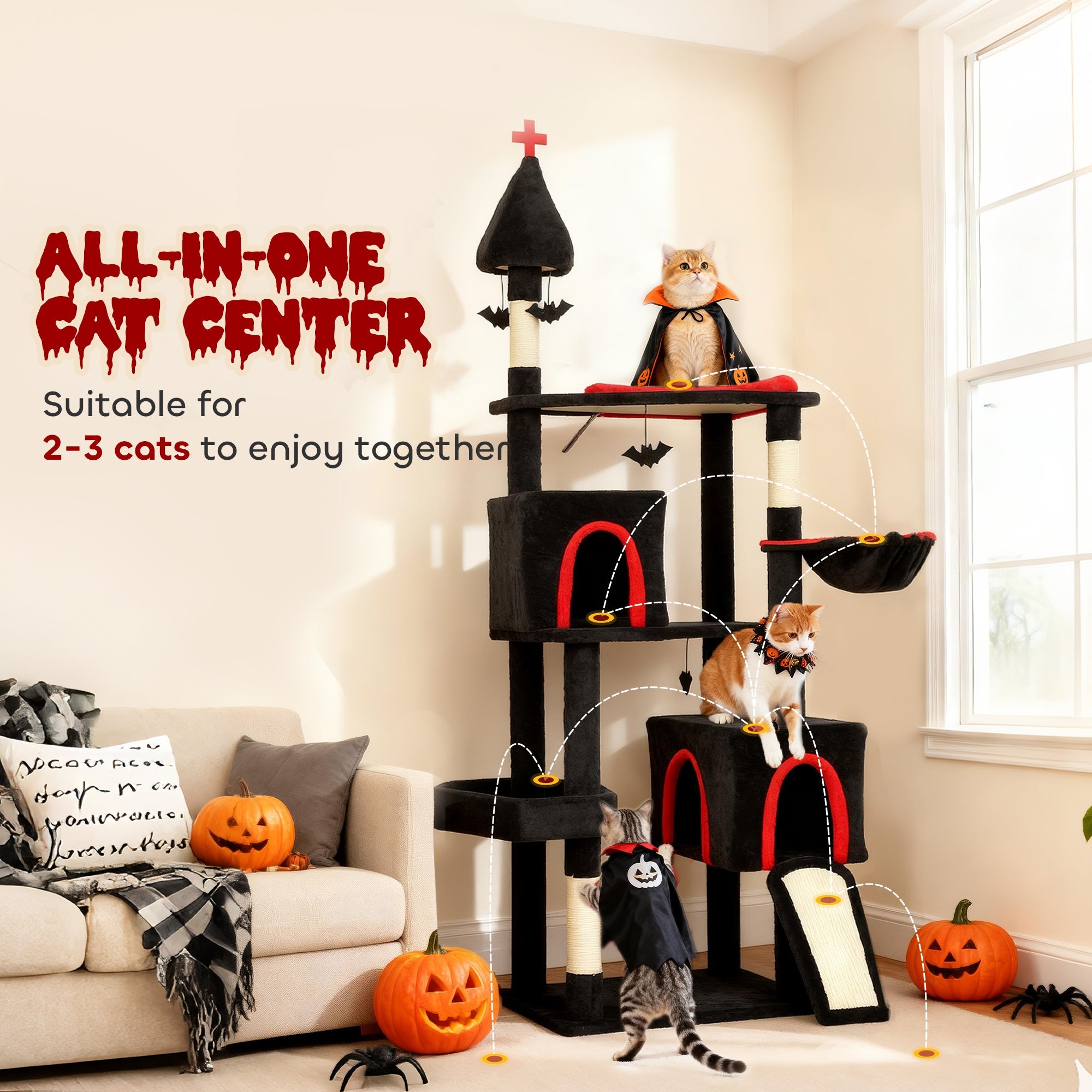Gothic Cat Tree 78" - Castle Tower with Coffin Bed & Condos