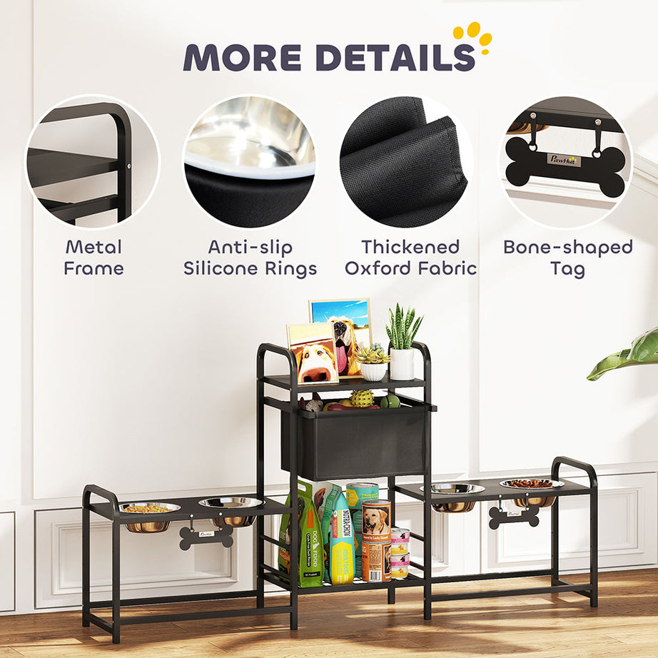 Dog Bowl Stand Dual Station - 4 Bowls 3 Heights Storage Bin