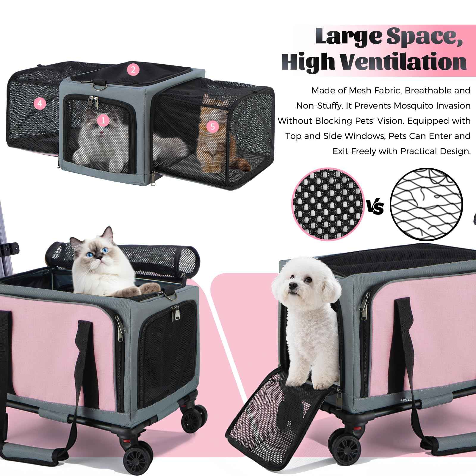 Rolling Pet Carrier with Wheels - 3-Sided Expandable Travel Bag Cats Dogs
