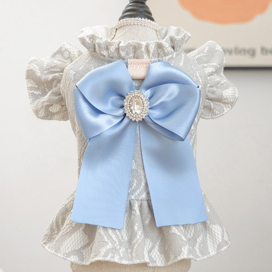 Dog Lace Ruffle Dress - Jacquard Bow with Rhinestone for Small Dogs