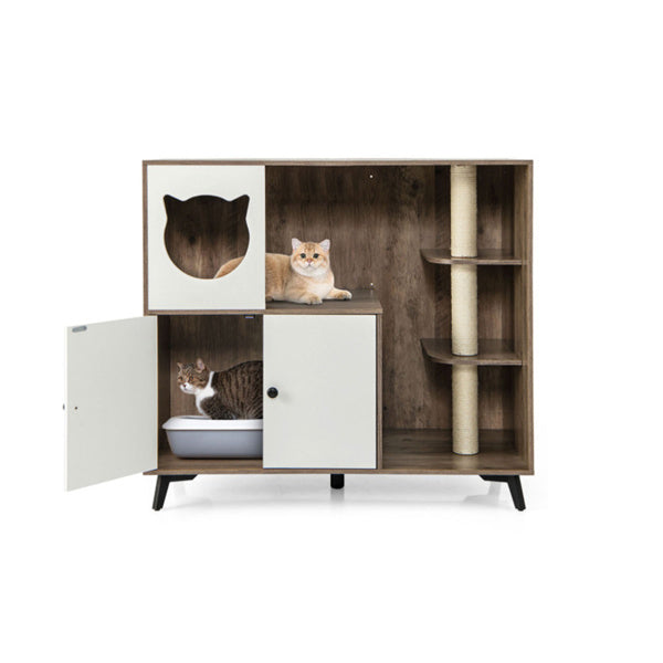 Cat Litter Box Enclosure Cabinet - 3-in-1 Scratching Post Condo Furniture