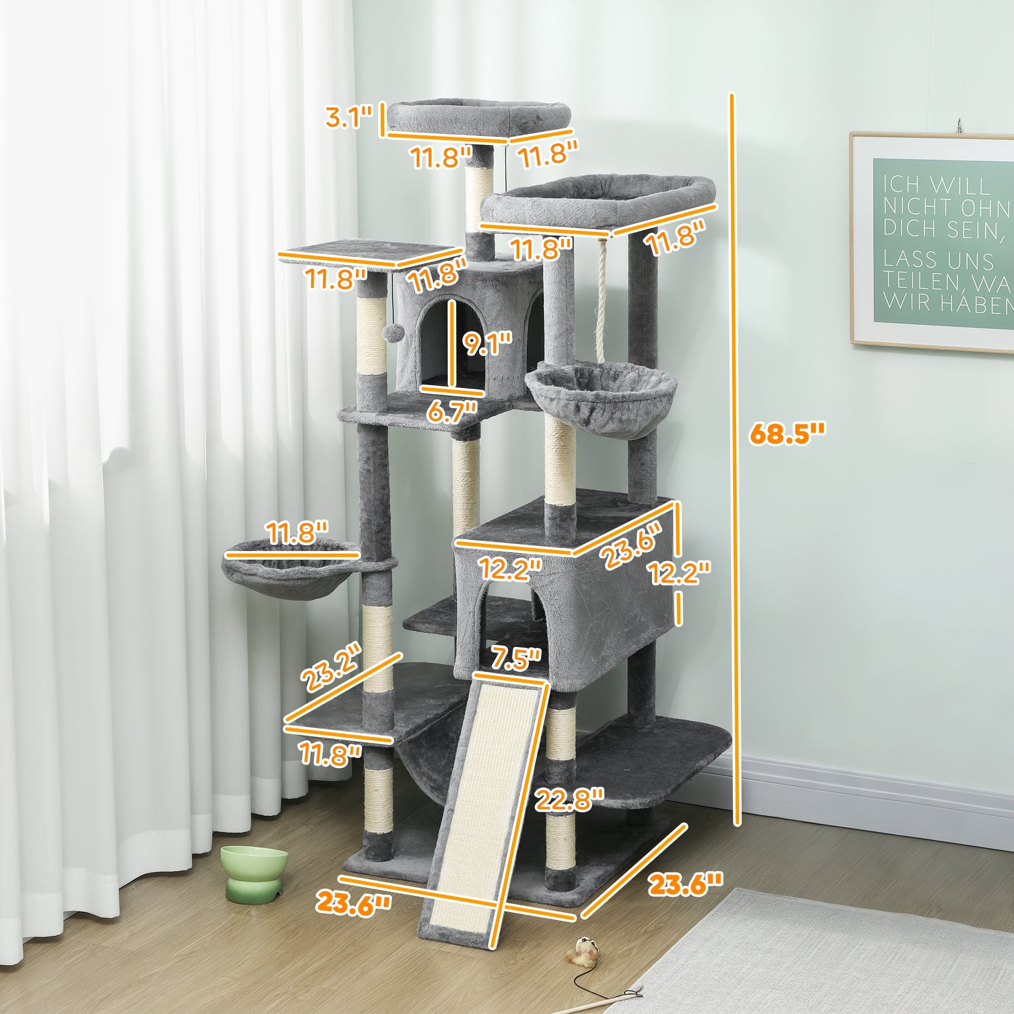 Multi-Level Cat Tower 69" - Cat Tree for Multiple Cats
