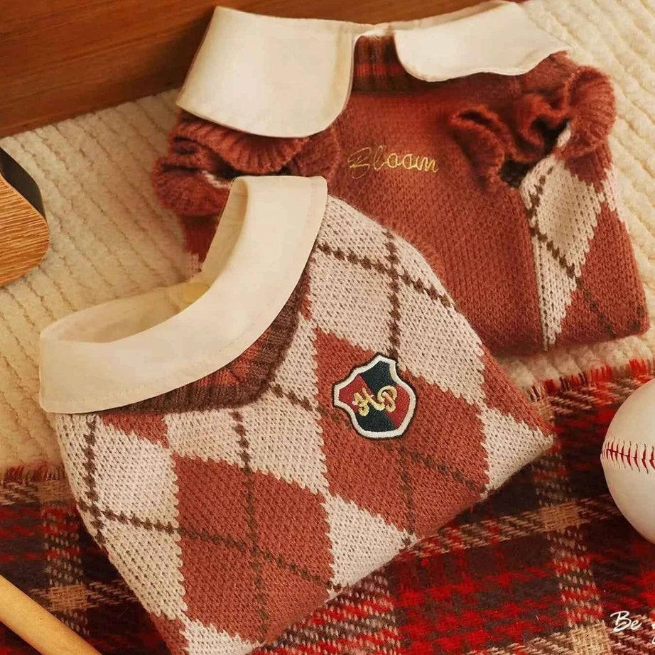 Argyle Pattern Pet Sweater - Stretchy Ruffled Top