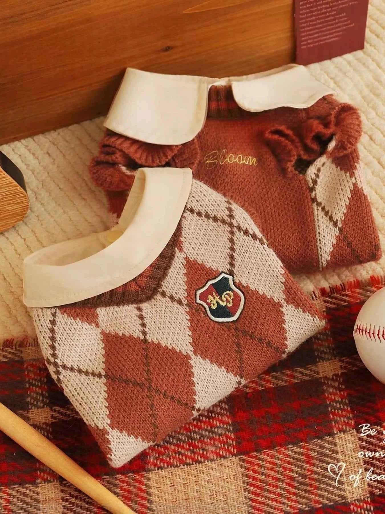 Argyle Pattern Pet Sweater - Stretchy Ruffled Top