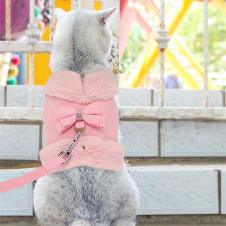 Warm Fur Collar Soft Padded Small Girl Pet Harness and Leash Set with Bow Tie