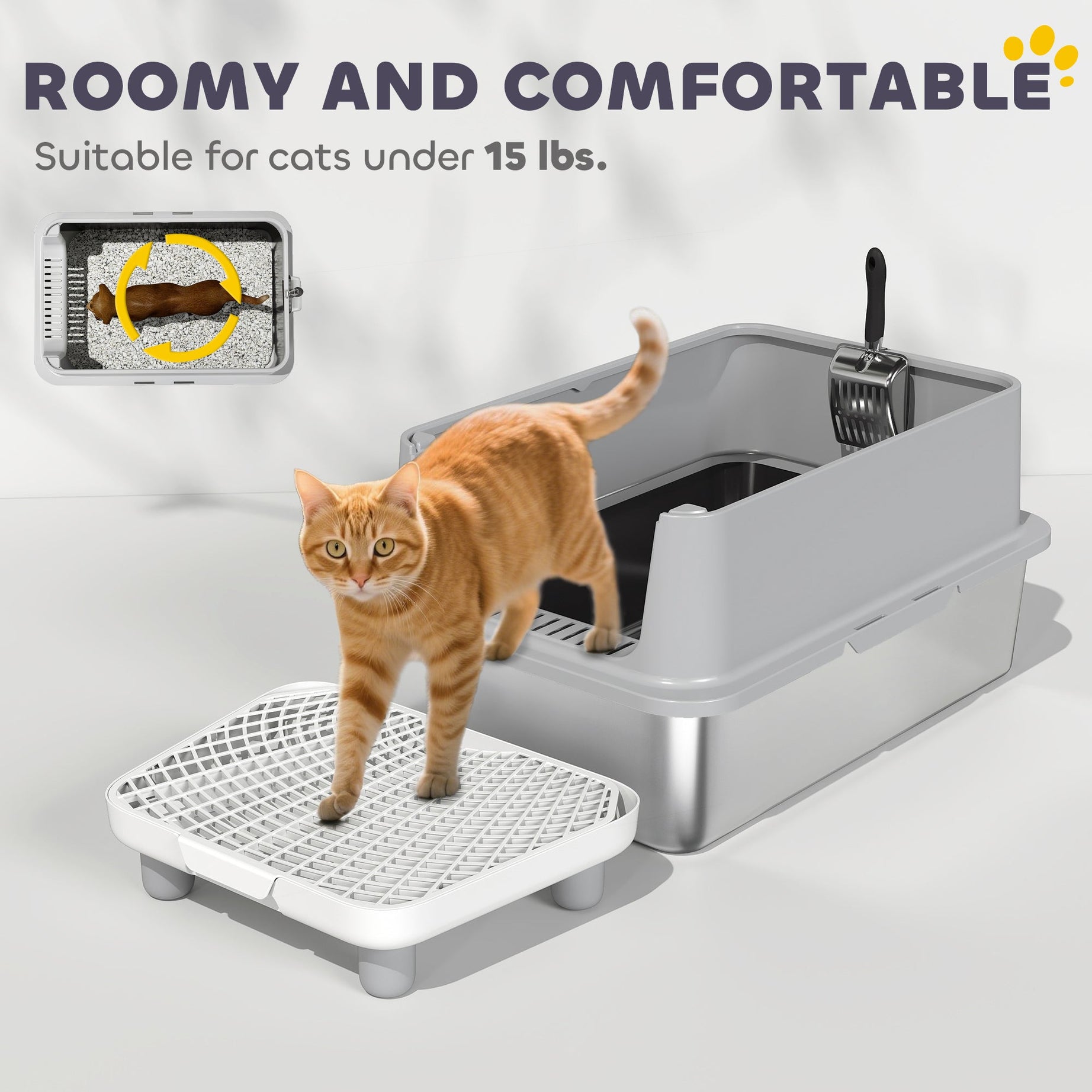 Cat Litter Box XL Stainless Steel - Anti-Leak High Walls Scoop and Pad