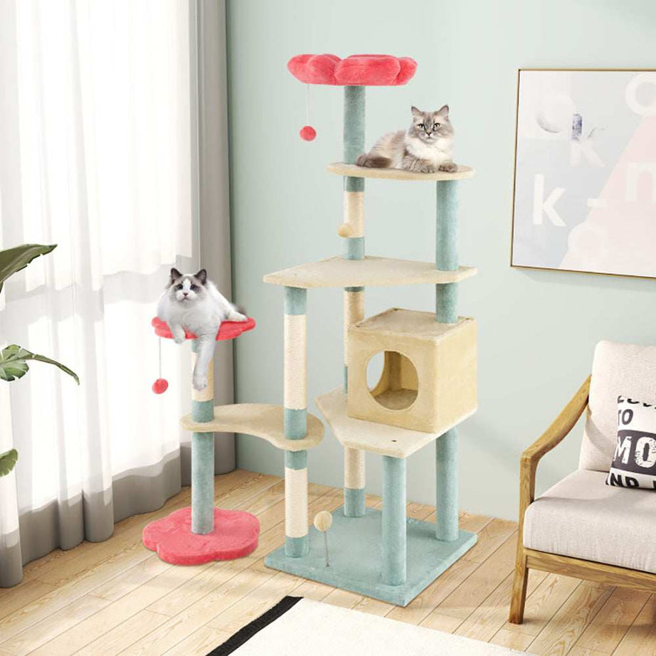 Multi-Level 61 Inch Aesthetic Floral Kitten Tower With Flower-Shaped Perch