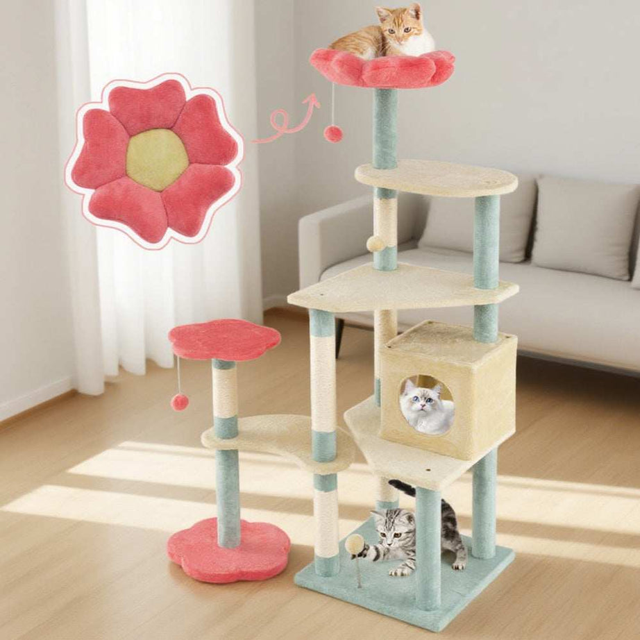 Multi-Level 61 Inch Aesthetic Floral Kitten Tower With Flower-Shaped Perch