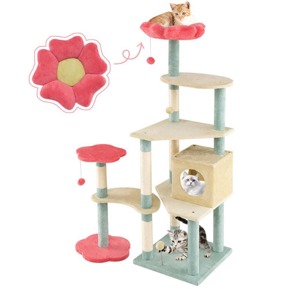 Multi-Level 61 Inch Aesthetic Floral Kitten Tower With Flower-Shaped Perch