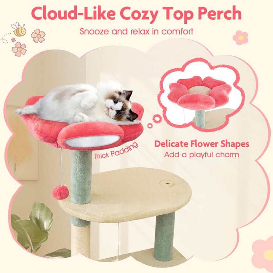 Multi-Level 61 Inch Aesthetic Floral Kitten Tower With Flower-Shaped Perch