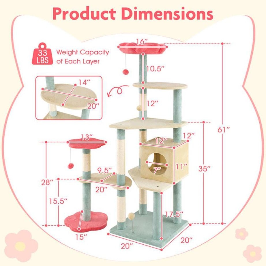 Multi-Level 61 Inch Aesthetic Floral Kitten Tower With Flower-Shaped Perch