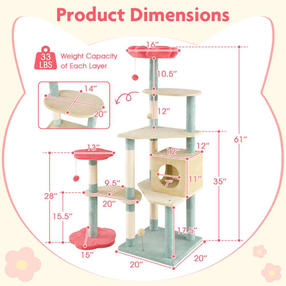 Multi-Level 61 Inch Aesthetic Floral Kitten Tower With Flower-Shaped Perch
