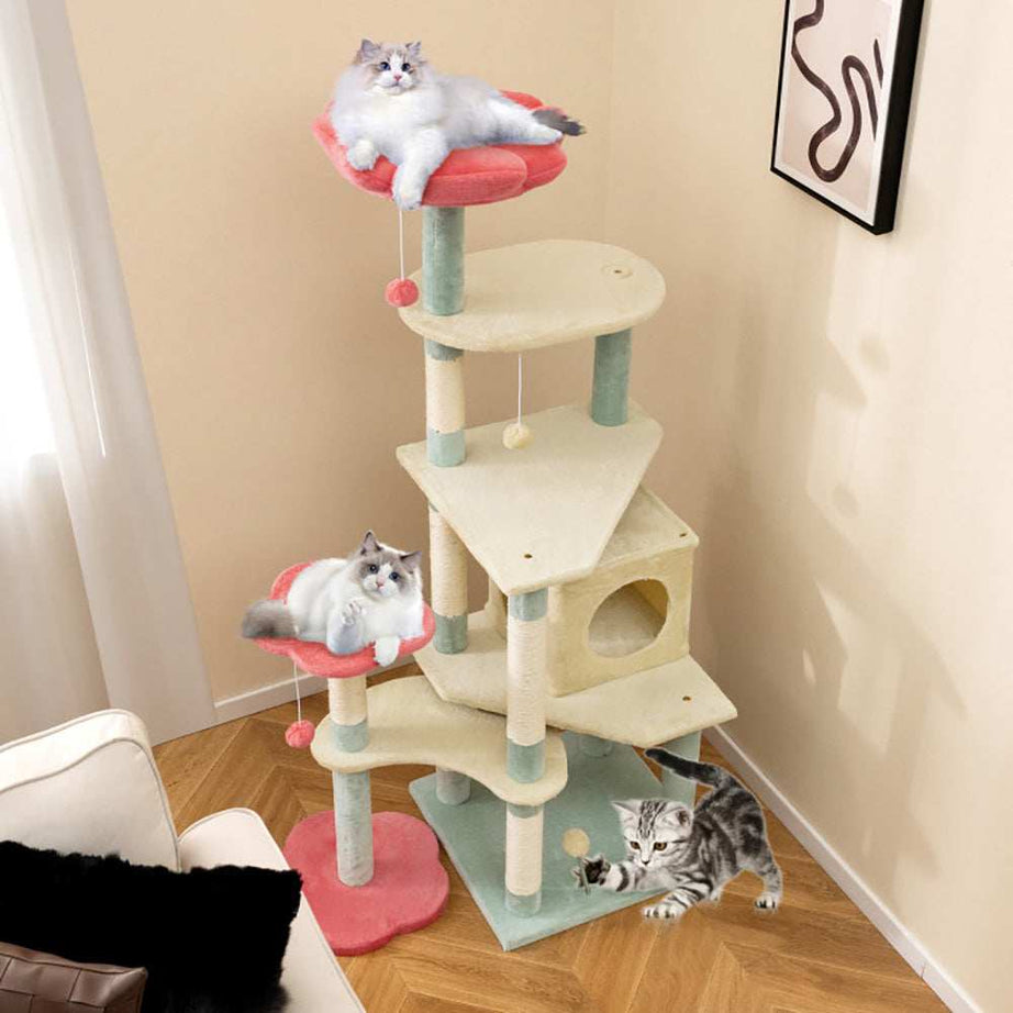 Multi-Level 61 Inch Aesthetic Floral Kitten Tower With Flower-Shaped Perch