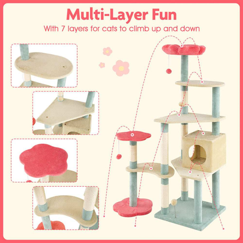 Multi-Level 61 Inch Aesthetic Floral Kitten Tower With Flower-Shaped Perch