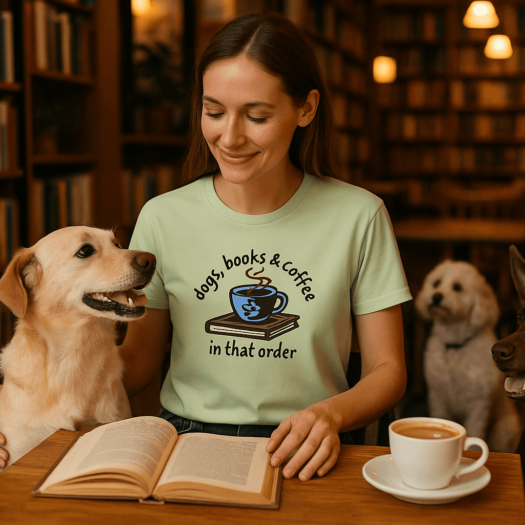 Dogs Books Coffee T-Shirt - Literary Pet Parent Lifestyle