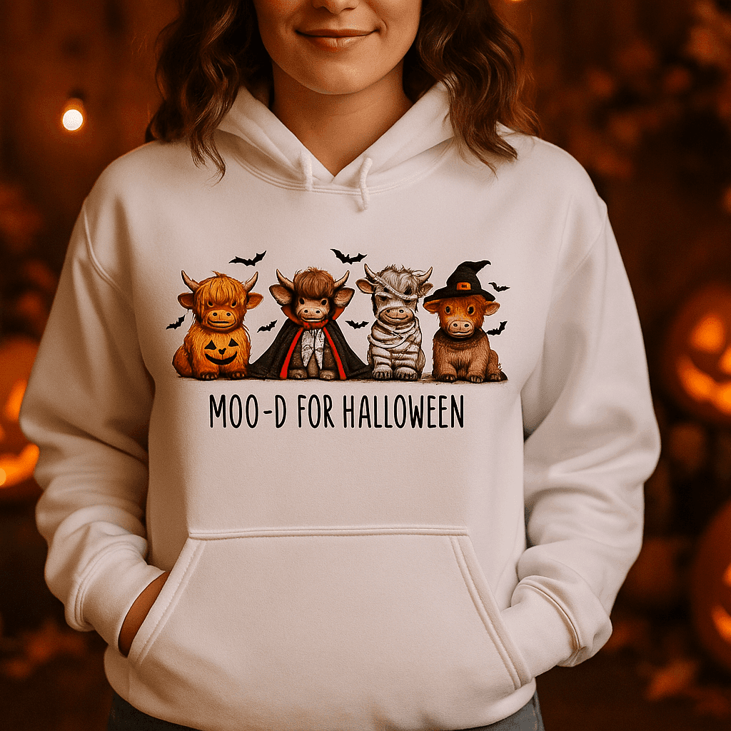 Moo-d Halloween Hoodie Sweatshirt - Highland Cow Print