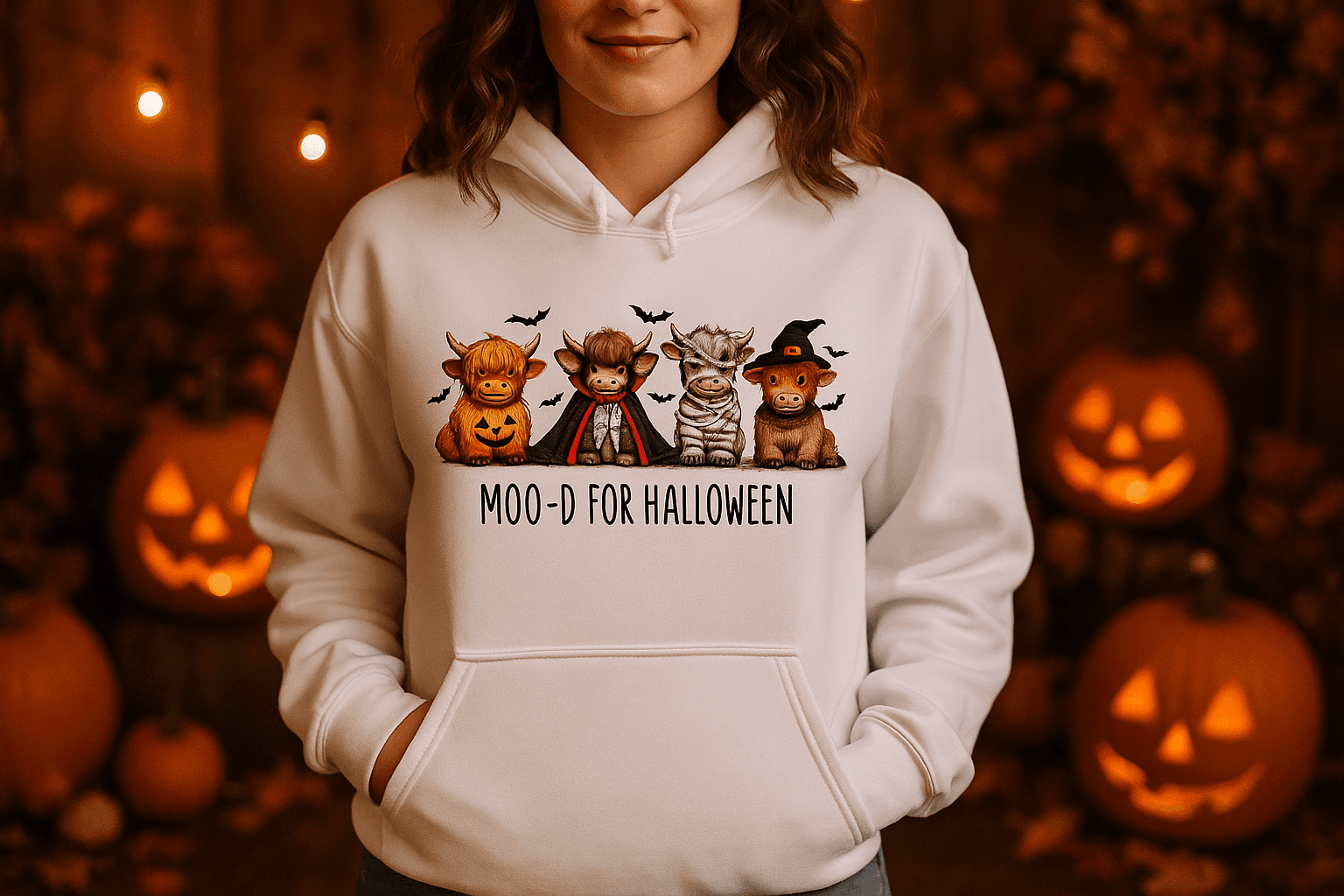 Moo-d Halloween Hoodie Sweatshirt - Highland Cow Print