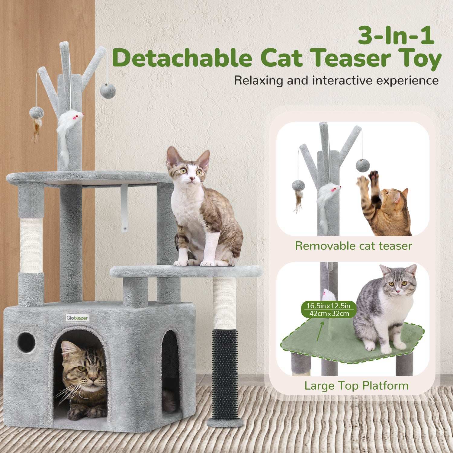 Grey Cat Tree Tower - 44 Inch with Toys
