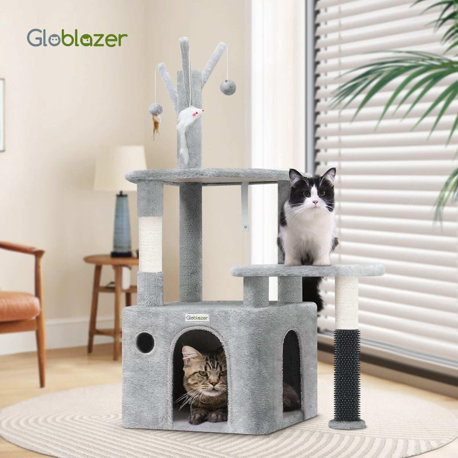 Grey Cat Tree Tower - 44 Inch with Toys