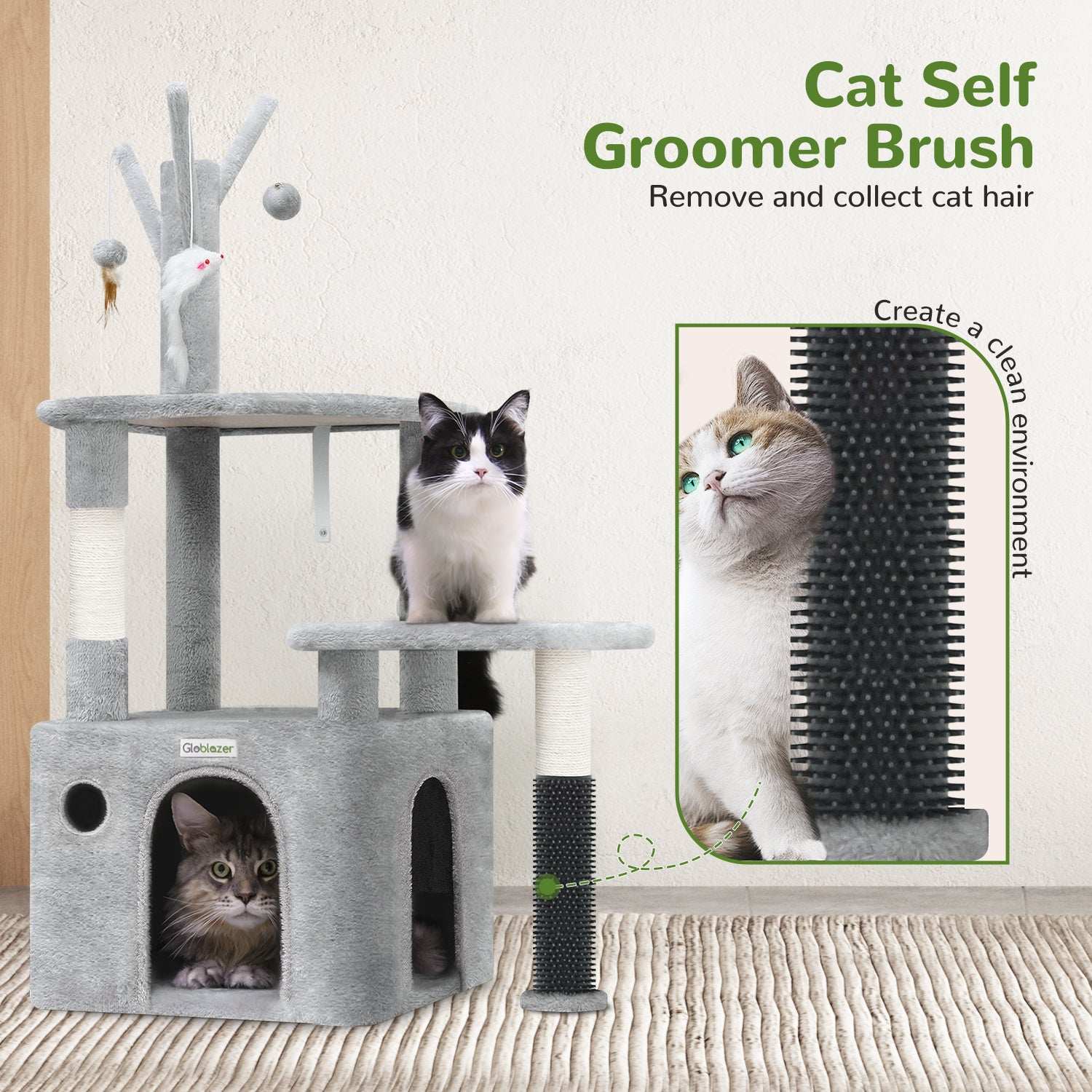 Grey Cat Tree Tower - 44 Inch with Toys