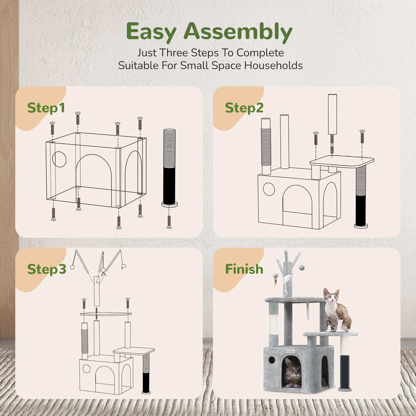 Grey Cat Tree Tower - 44 Inch with Toys