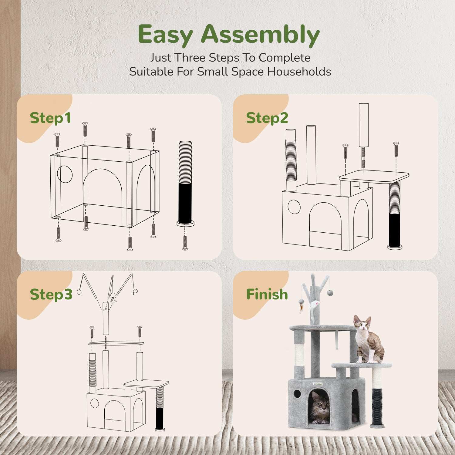 Grey Cat Tree Tower - 44 Inch with Toys