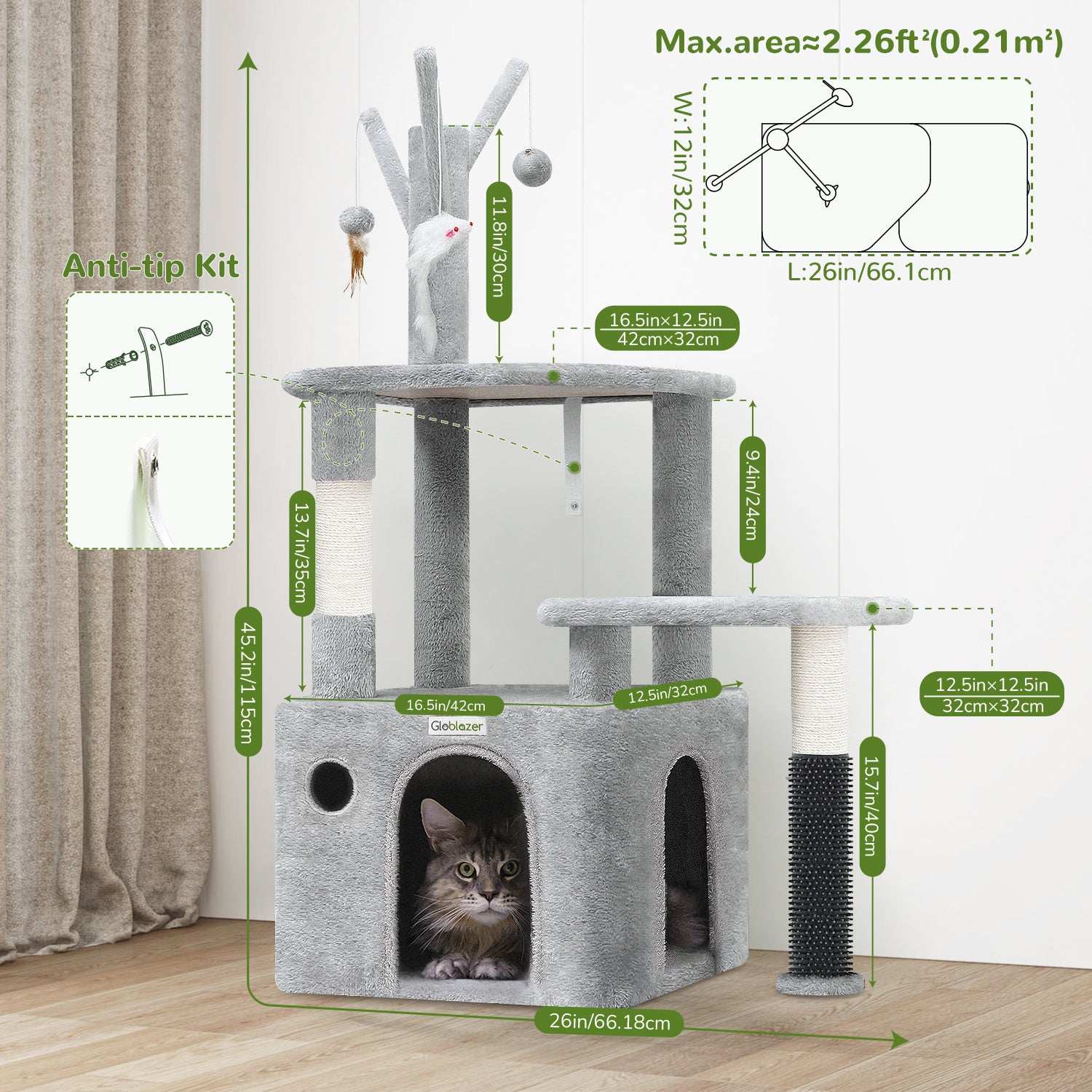 Grey Cat Tree Tower - 44 Inch with Toys