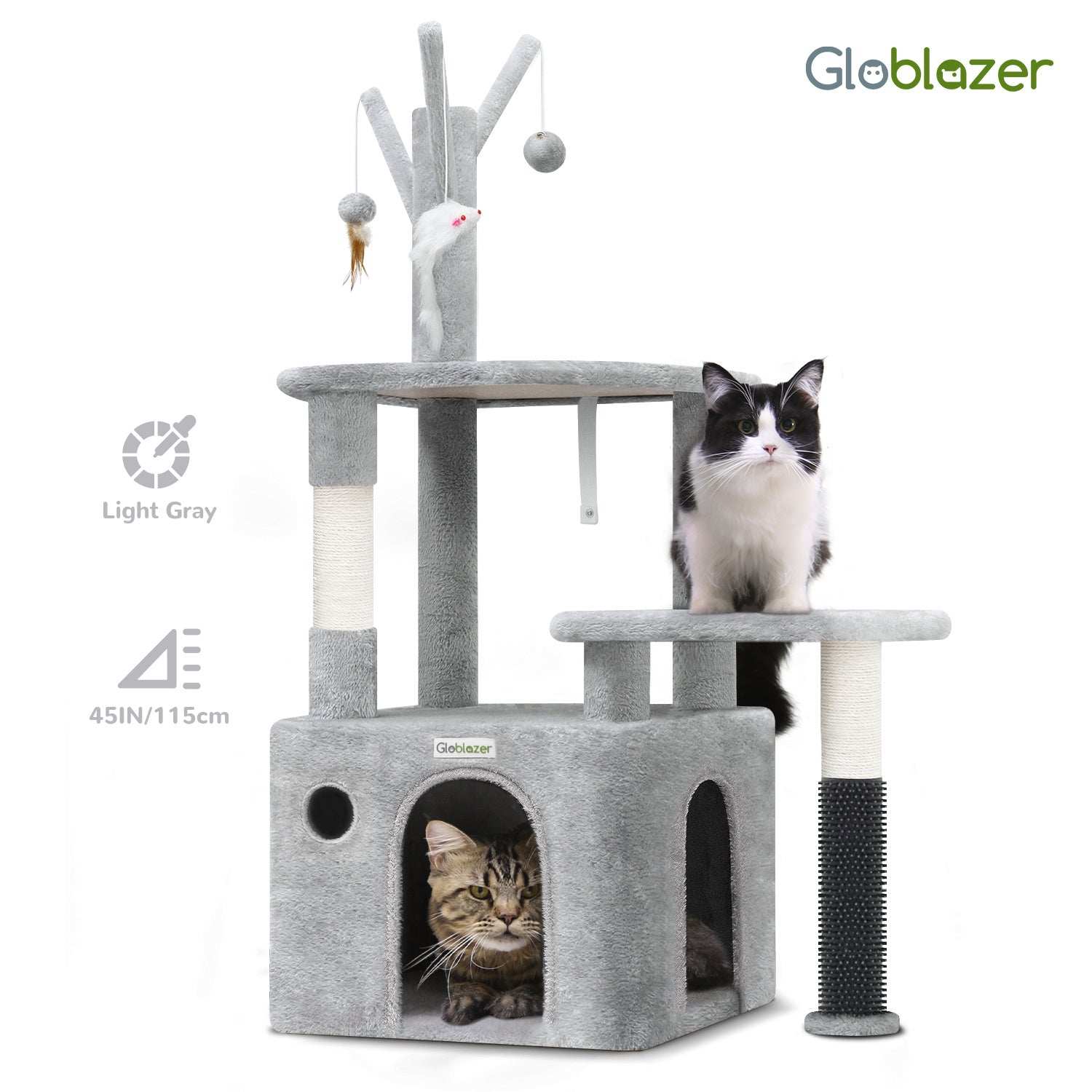 Grey Cat Tree Tower - 44 Inch with Toys