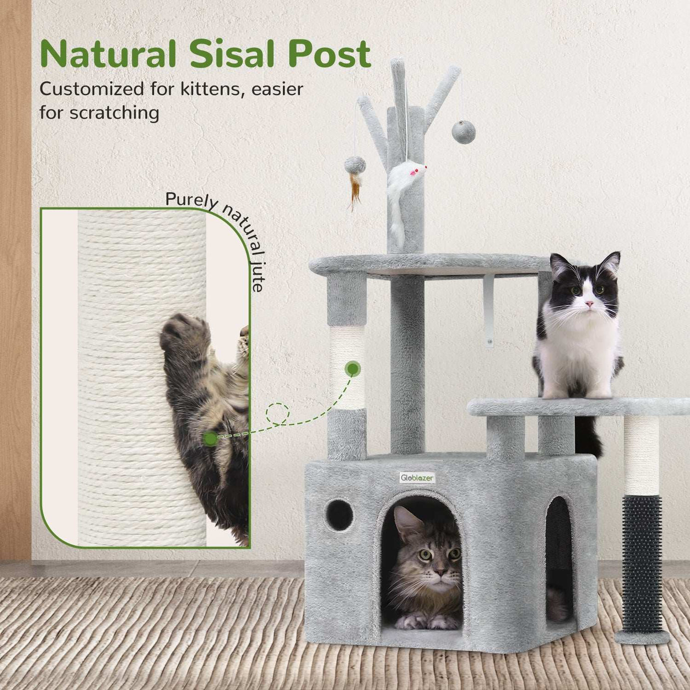 Grey Cat Tree Tower - 44 Inch with Toys