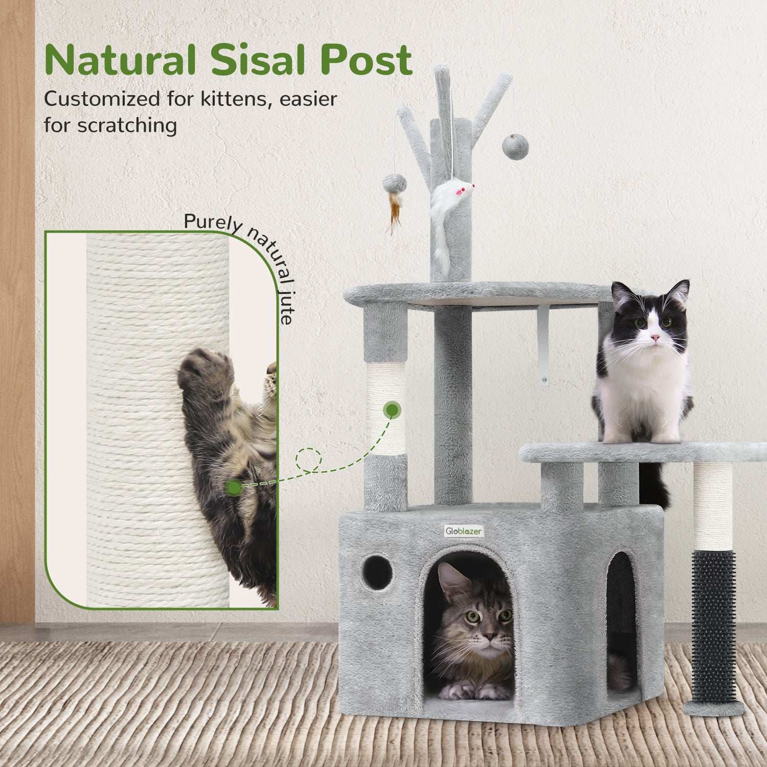 Grey Cat Tree Tower - 44 Inch with Toys