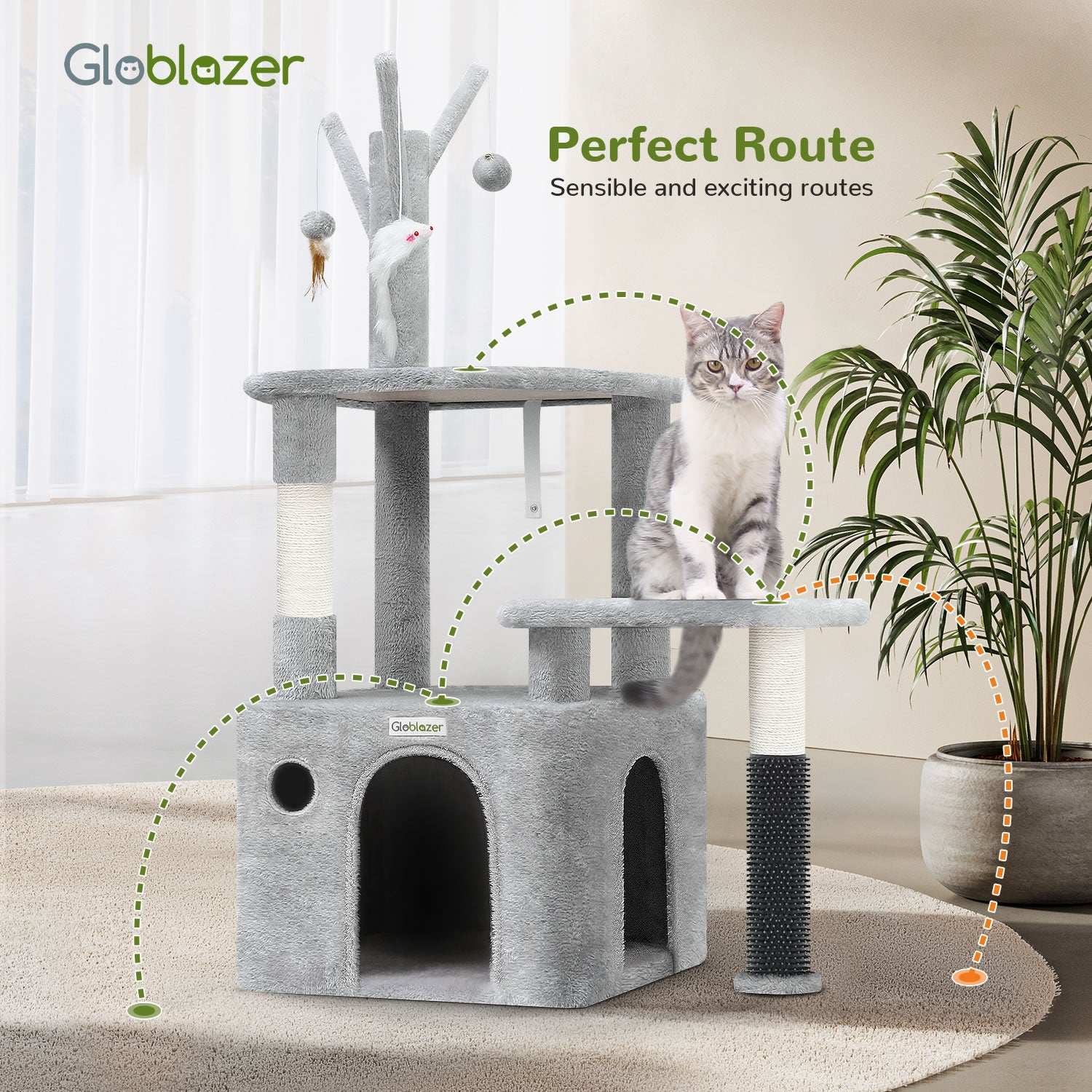 Grey Cat Tree Tower - 44 Inch with Toys