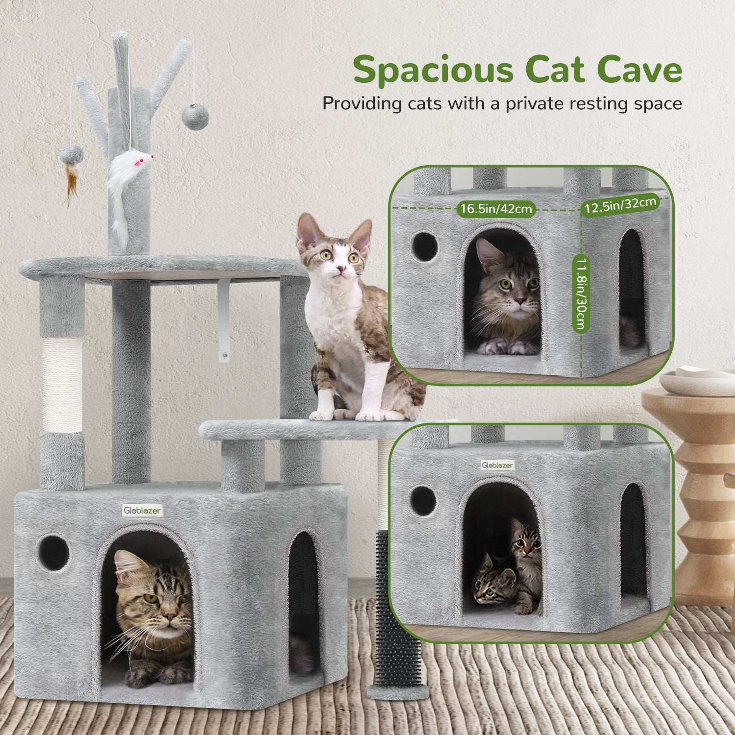 Grey Cat Tree Tower - 44 Inch with Toys