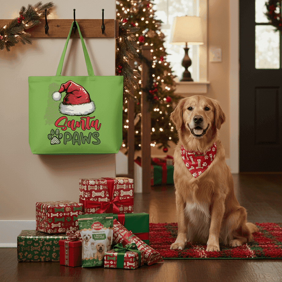 Santa Paws Holiday Tote with Santa Hat for Dog Lovers