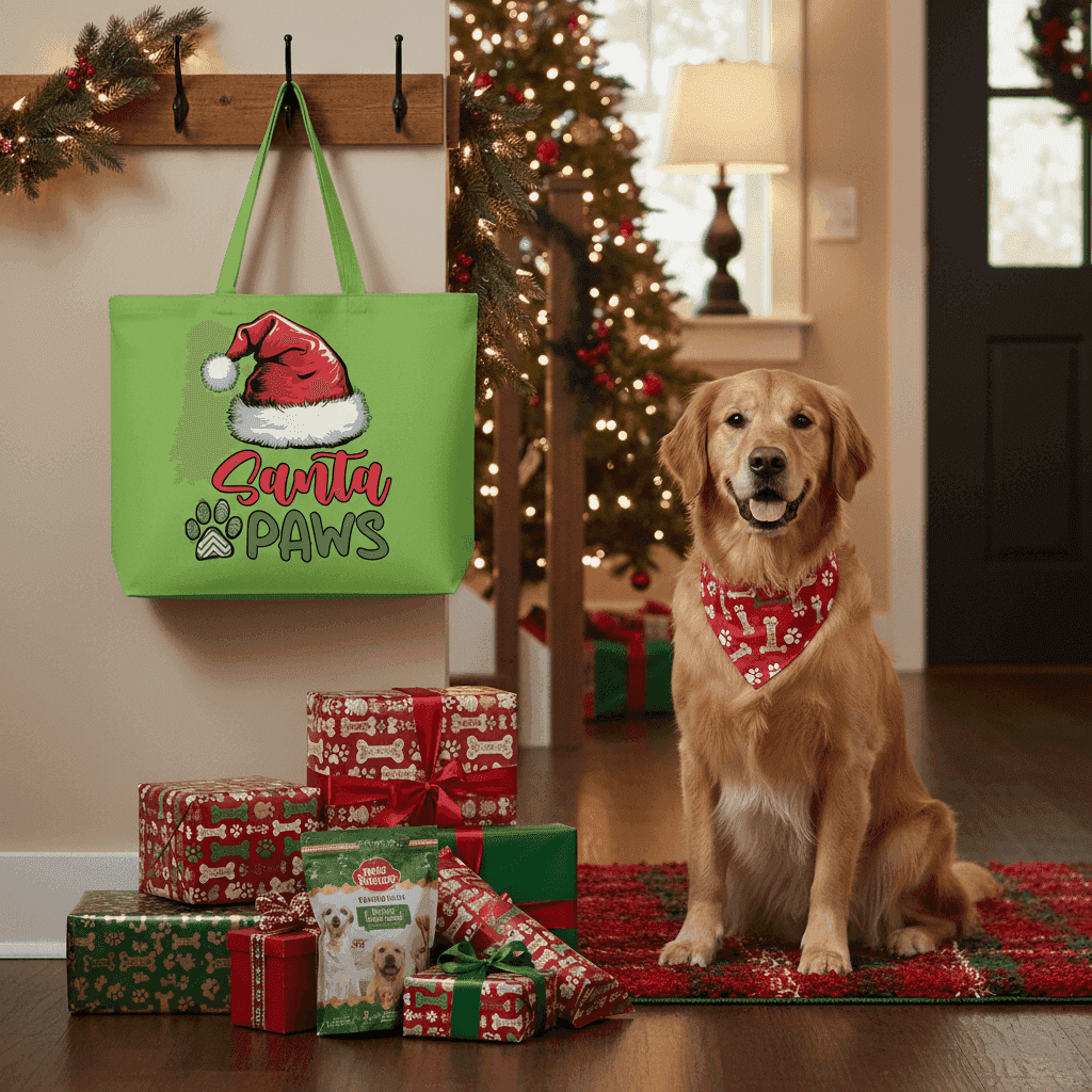 Santa Paws Holiday Tote with Santa Hat for Dog Lovers