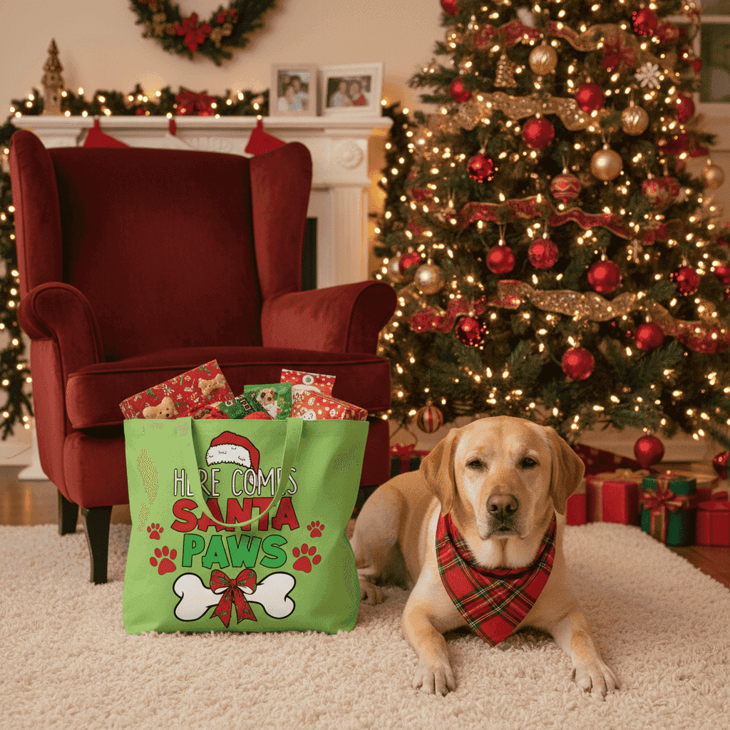 Santa Paws Holiday Tote with Festive Paw Prints for Dogs