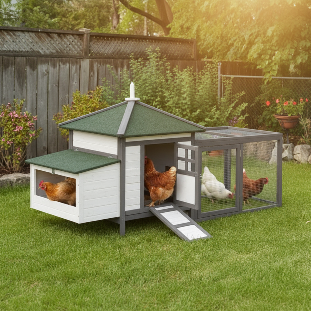 Wooden Chicken Coop - 77" with Nesting Boxes & Run