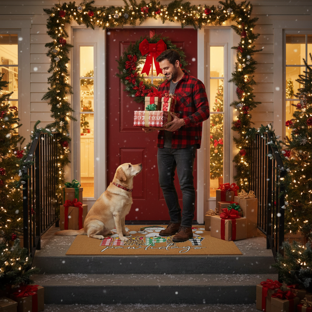 Christmas Doormat - Happy Pawlidays Pet Holiday Rug