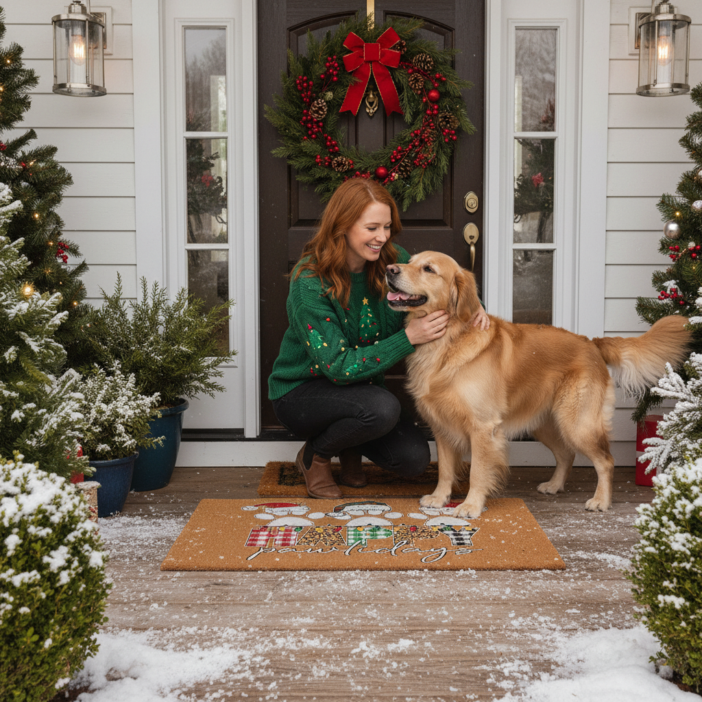 Christmas Doormat - Happy Pawlidays Pet Holiday Rug