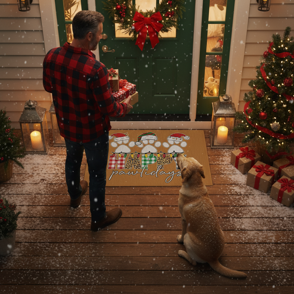 Christmas Doormat - Happy Pawlidays Pet Holiday Rug