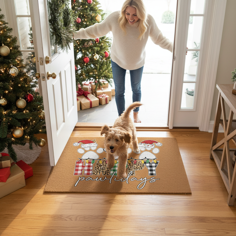 Christmas Doormat - Happy Pawlidays Pet Holiday Rug