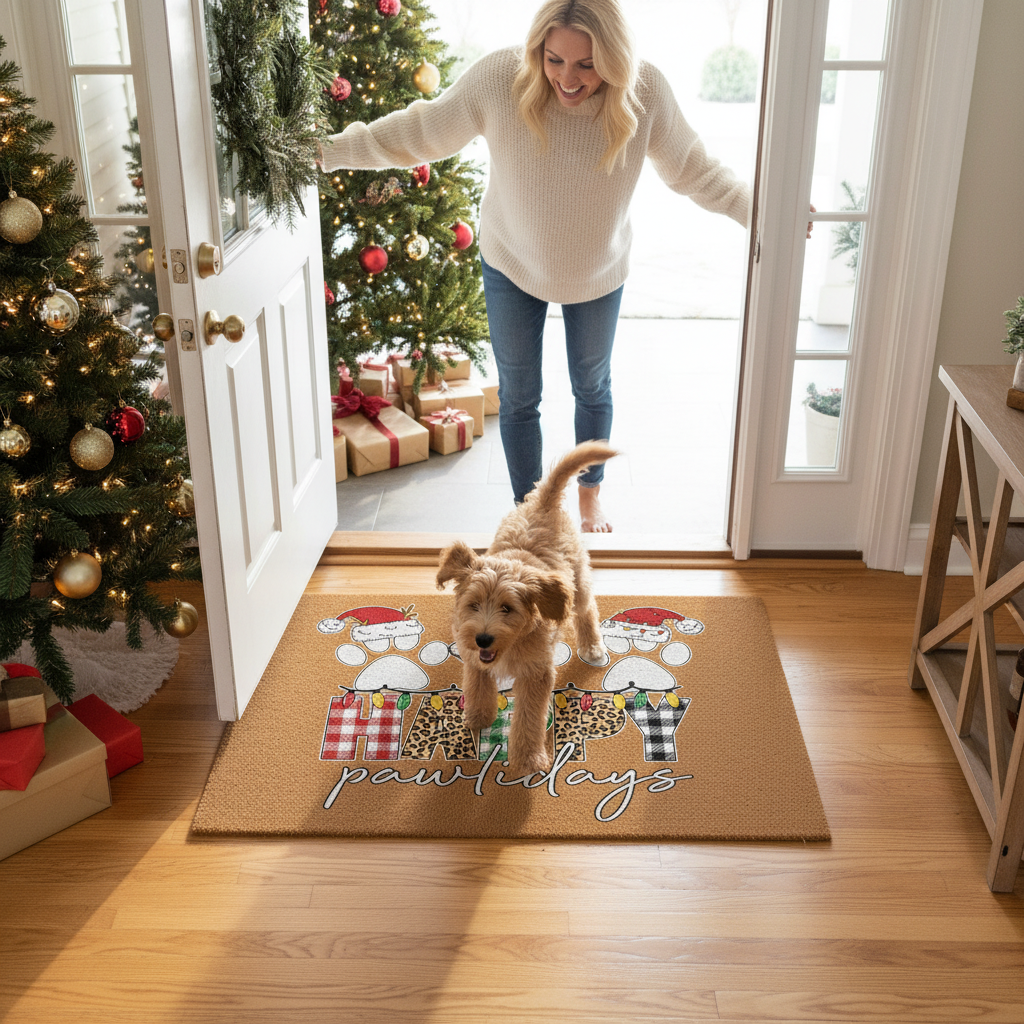 Christmas Doormat - Happy Pawlidays Pet Holiday Rug