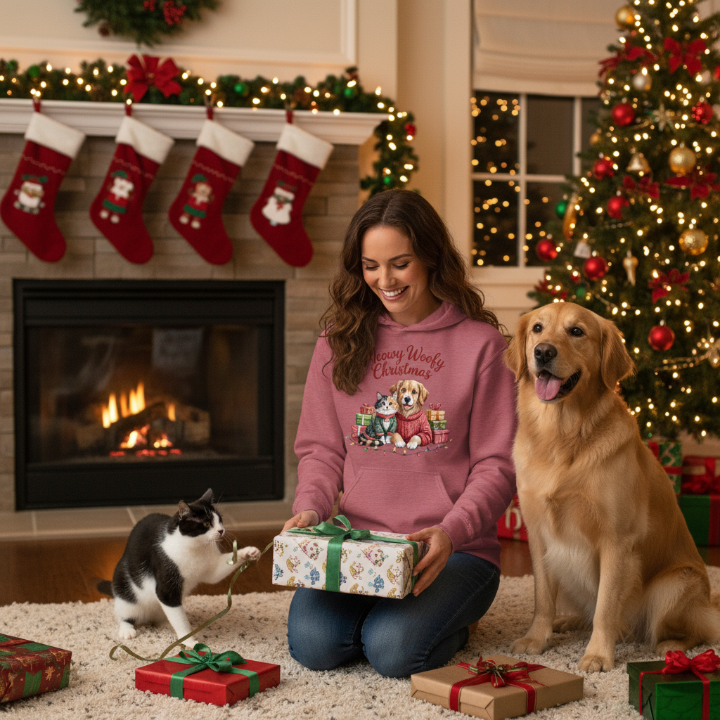 Meowy Woofy Christmas Hoodie - Cat & Dog Holiday Sweatshirt