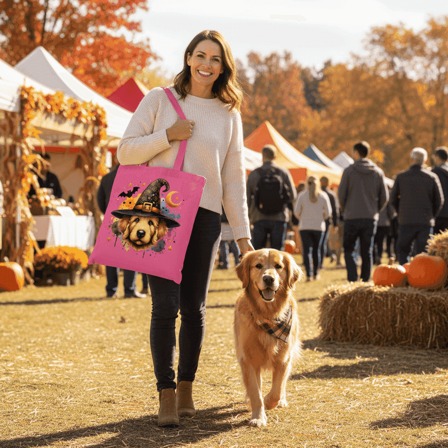Golden Retriever Witch Tote Bag for Halloween - Dog Canvas