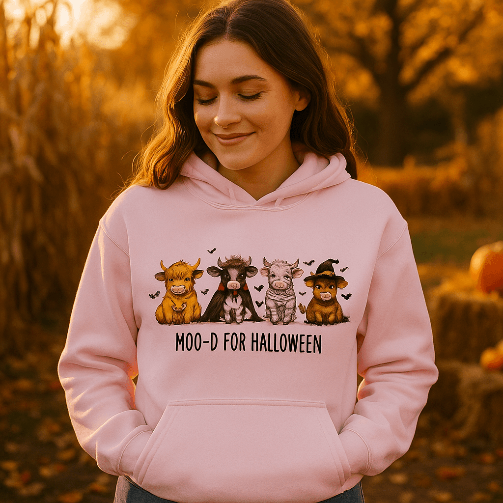 Moo-d Halloween Hoodie Sweatshirt - Highland Cow Print