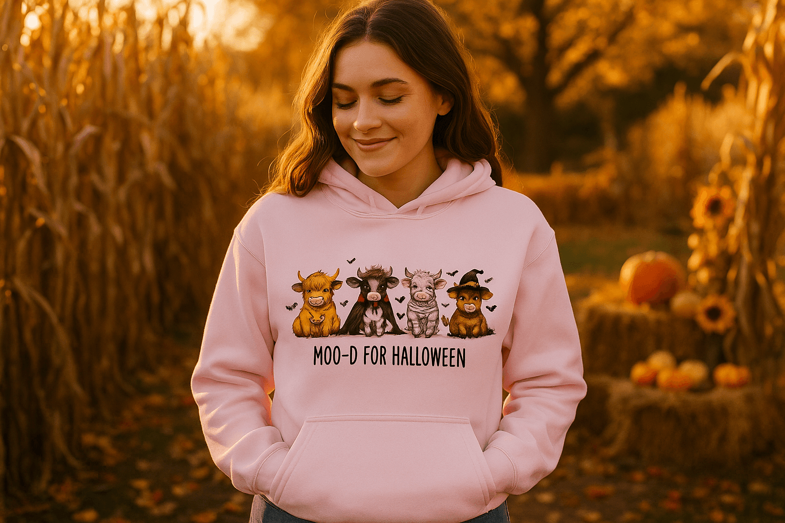 Moo-d Halloween Hoodie Sweatshirt - Highland Cow Print