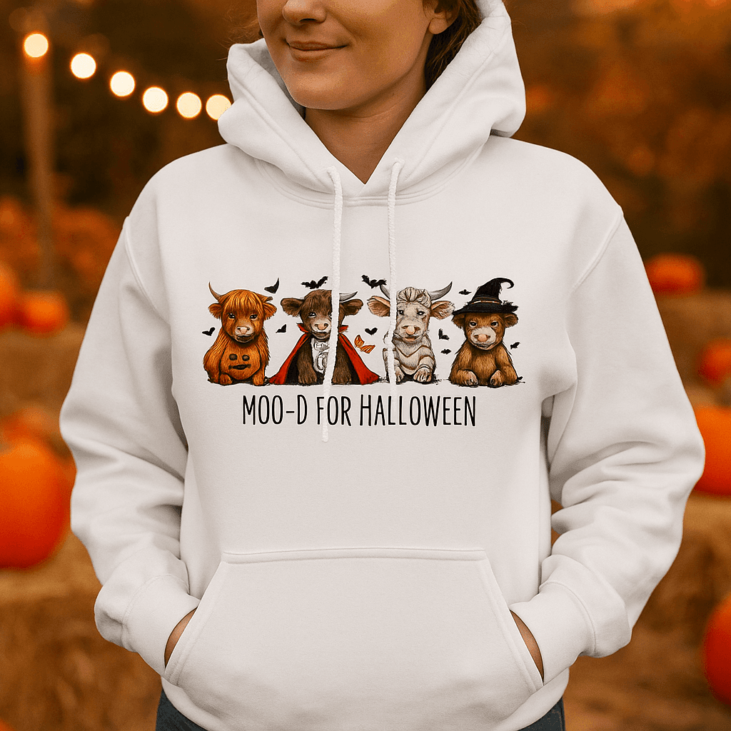 Moo-d Halloween Hoodie Sweatshirt - Highland Cow Print
