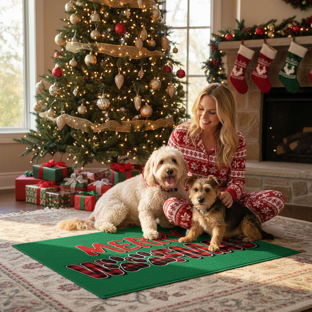 Merry Woofmas Rug - Holiday Doormat with Paw Prints